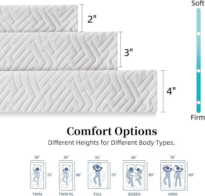3 inch Memory Foam Mattress Topper Queen Size Bed, Gel Infused Memory Foam Mattress Pad with Cover for Back Pain Relief, 60x80 Inches