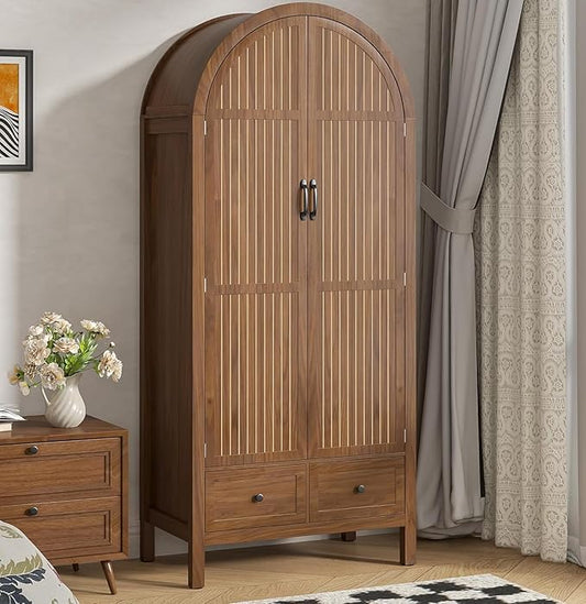 Lxsxlome Wardrobe Closet, Armoire Wardrobe Closet with Drawers and 2 Arched Fluted Doors, 70.87‘’ Tall Wooden Bedroom Armoires with Shelves and Hanging Rod (1, Walnut)