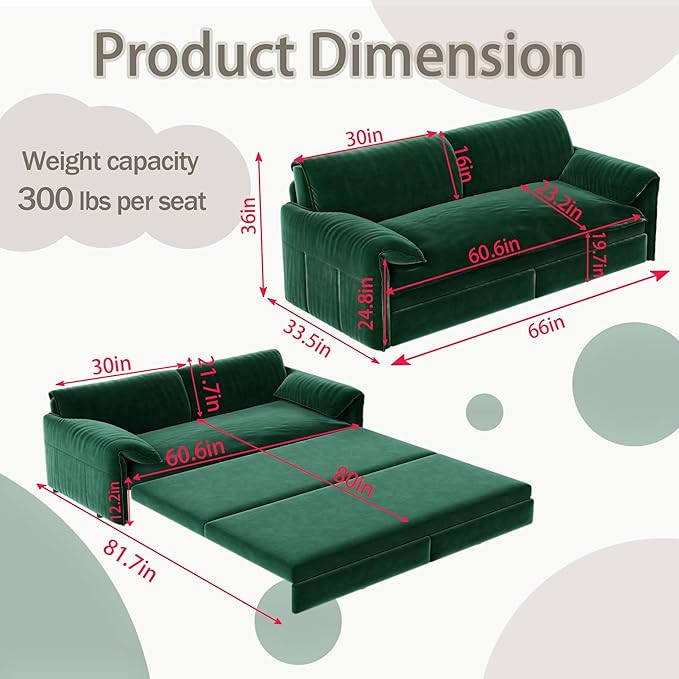 66" Queen Size Pull Out Sofa Bed, 3-in-1 Convertible Sleeper with Side Storage and Wheels, Velvet Loveseat for Living Room, Apartment, Bedroom, Green (Mattress & Bedding Not Included)