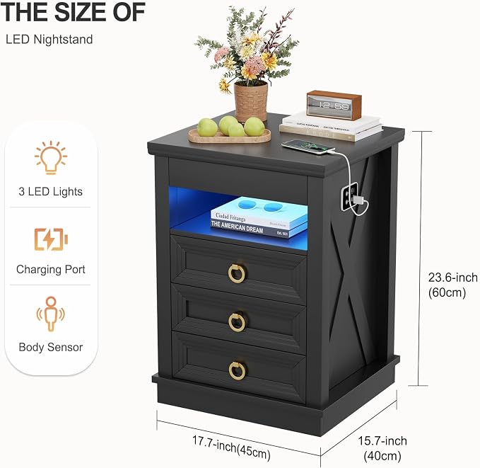 Farmhouse Nightstand Set 2 with Gun Drawer,Bedside Table with Charging Station and Human Body Senor,3 LED Lights Night Stand with 3 Drawers and Open Shelf,End Side Table for Bedroom(Black) - Image 2