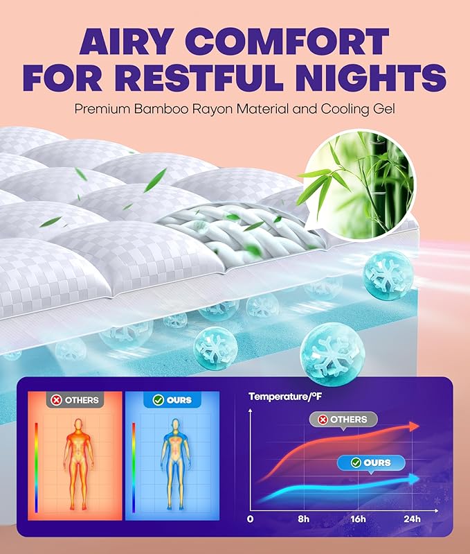 Dual Layer 4 Inch Memory Foam Mattress Topper for Pressure Relief with 4X Support, 2" Fluffy Pillow Top King Mattress Topper 50% Viscose Made from Bamboo Plus 2" Cooling Gel Memory Foam Mattress Pad