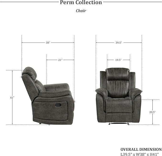 Lexicon Recliner Living Room Set, Home Theater Seating, Manual Polished Microfiber Upholstery Sofas, RV Couch Including Double Recliner Sofa, Loveseat and Chair, 3-Piece Set, Brownish Gray