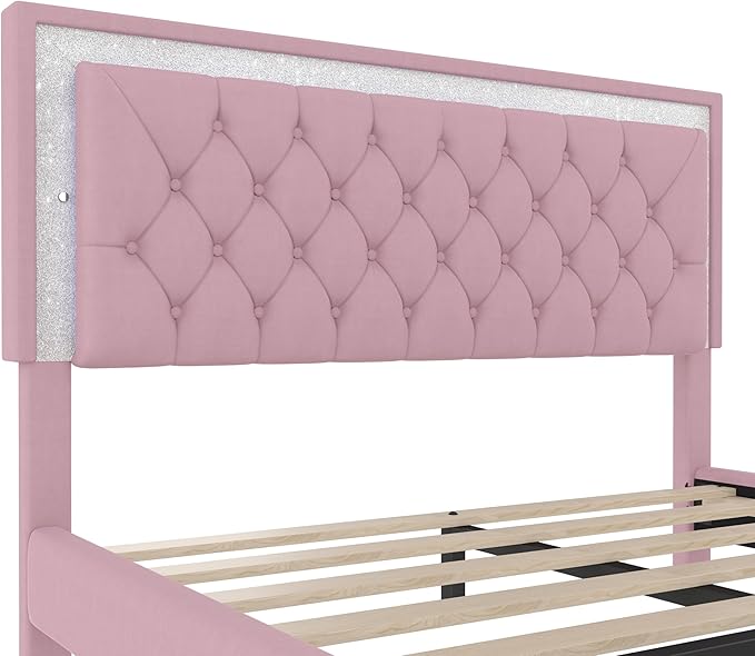 Harper & Bright Designs 3-Piece Queen Bedroom Set, Upholstered Platform Bed with LED Lights and 2 Nightstands, Modern Pink Bedroom Furniture
