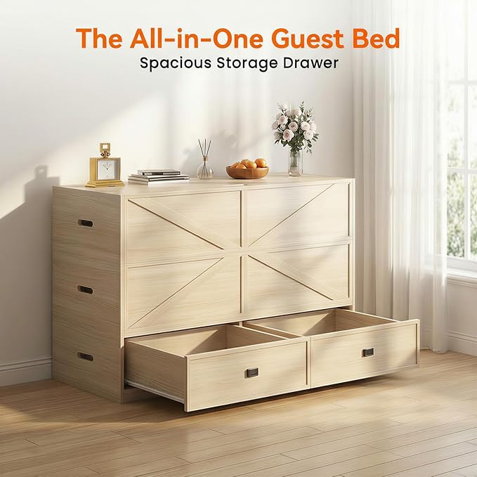 CECER Murphy Bed Queen with Mattress Include，Murphy Bed Queen with Storage Drawers，Multi-Functional Desgin that Converts to Sofa Set for Small Spaces/Guest Room/Bedroom（Natural Wood）