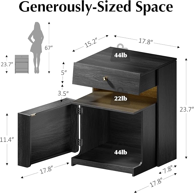 Night Stand Set of 2 with Charging Station, Modern LED Nightstand with Sliding Drawer & Storage Cabinet, Wood Bedside Table End Side Table for Bedroom Small Space, Black - Image 2