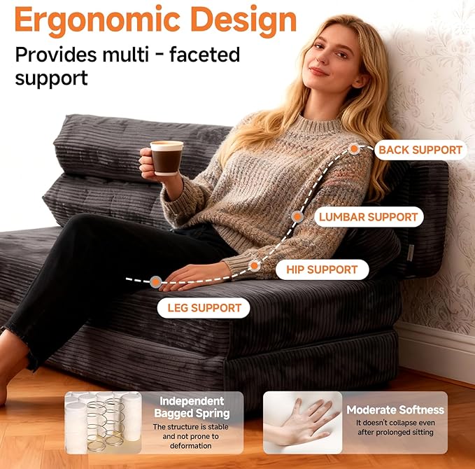 3-in-1 Sofa Bed, Couch Bed, Floor beds, Convertible Sofa Beds, Folding Couch for Adults(1PC, Dark Grey， 51.1"×39.3"×23.6")