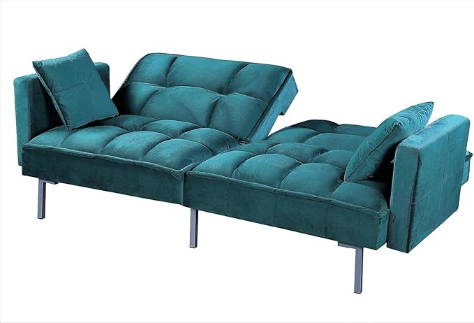 Regal 75.6" Velvet Convertible Sofa Bed - Mid-Century Sleeper Couch w/Tufted Design & Metal Legs - Pull-Out Futon for Guests/Home (75.6" W x 34.6" D x 32" H), Blue