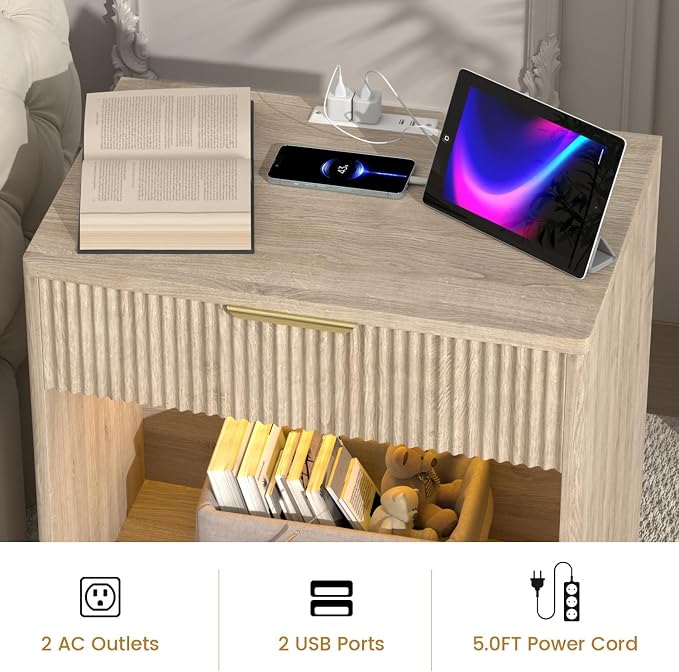 EROMMY Fluted Nightstand with Charging Station, 23” Wide Modern Bedside Table with Drawer, Mid Century Nightstand End Table for Bedroom, Natural Oak - Image 5