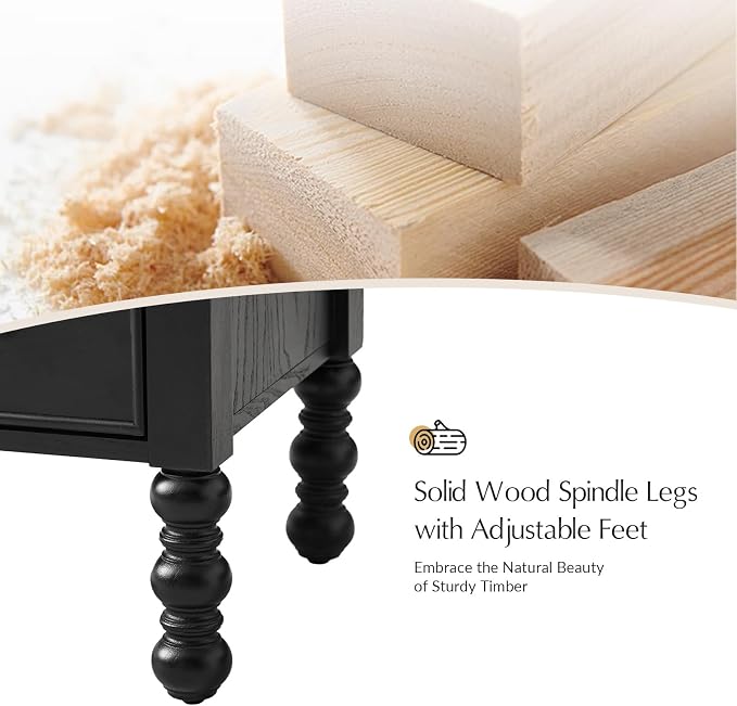 HULALA HOME 26" End Table with Charging Station, Transitional 2 Drawer Wood Endtable with Pull-Out Shelf and Open Storage Space, Large Side Table with Solid Wood Spindle Legs,Black - Image 5
