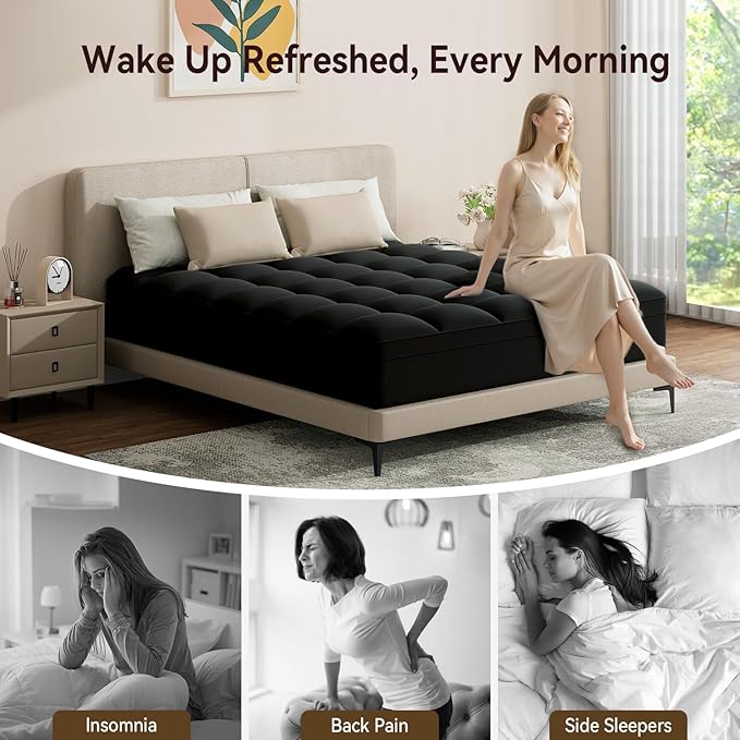 ABENE Mattress Topper King for Back Pain Relief, Extra Thick Mattress Pad Pillowtop, Soft Mattress Protector Cover with 8"-21" Deep Pocket, Overfilled Down Alternative Filling (Black, King)