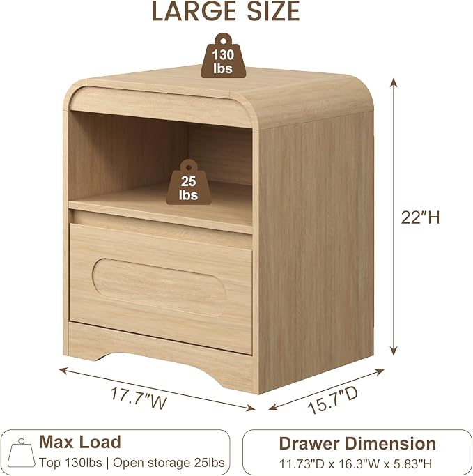 Wood Nightstand Set of 2, Modern Night Stand with Drawers, Oak Nightstand, 22" Bedside Side Table with Open Storage, Curved Corners, Hidden Handle, Night Stands End Table for Bedroom Sofa Couch - Image 2