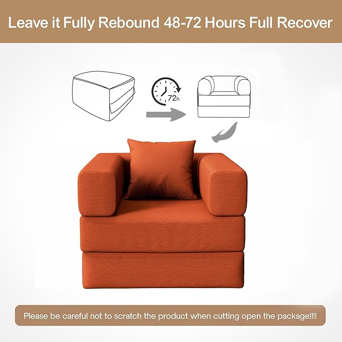 Folding Sofa Bed, 2 in 1 Convertible Sofas to Lounger Comfy Single Bean Bag Chair Floor Portable Foldable Sleeper Lazy Futon Couch Chair for Bedroom, Living Room(Orange, 35.43" Single Sofa)