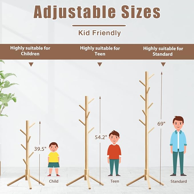 Haddockway Wooden Coat Rack Stand with 8 Hooks New Zealand Pine 3 Adjustable Coat Standing Tree Easy Assembly for Coats, Hats, Scarves and Handbags for Entryway, Hallway, Bedroom, Office - Image 5