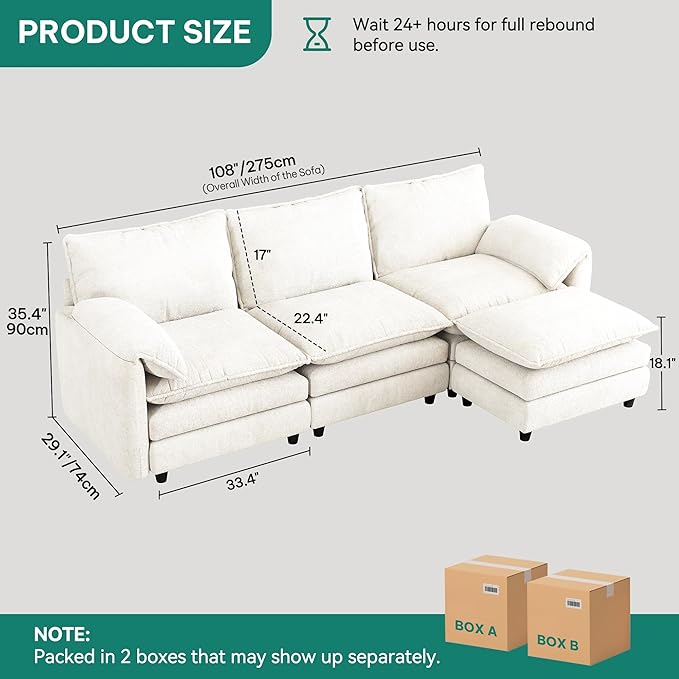 DWVO 108" Modular Sectional Sofa, Modern L Shaped Couch with Movable Ottoman, Pillow-Armrest, Velvet 4 Deep Seat Cloud Couch for Living Room, Beige