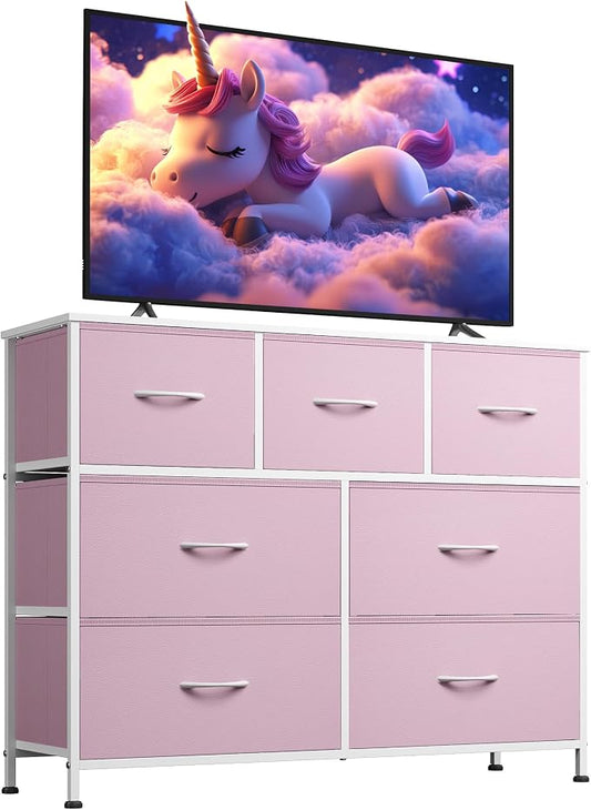WLIVE 7 Drawer Dresser TV Stand, Entertainment Center, Media Console Table with Metal Frame and Wood Top for TV up to 45 inch, Chest of Drawers for Bedroom, Living Room, A-Pink by WLIVE