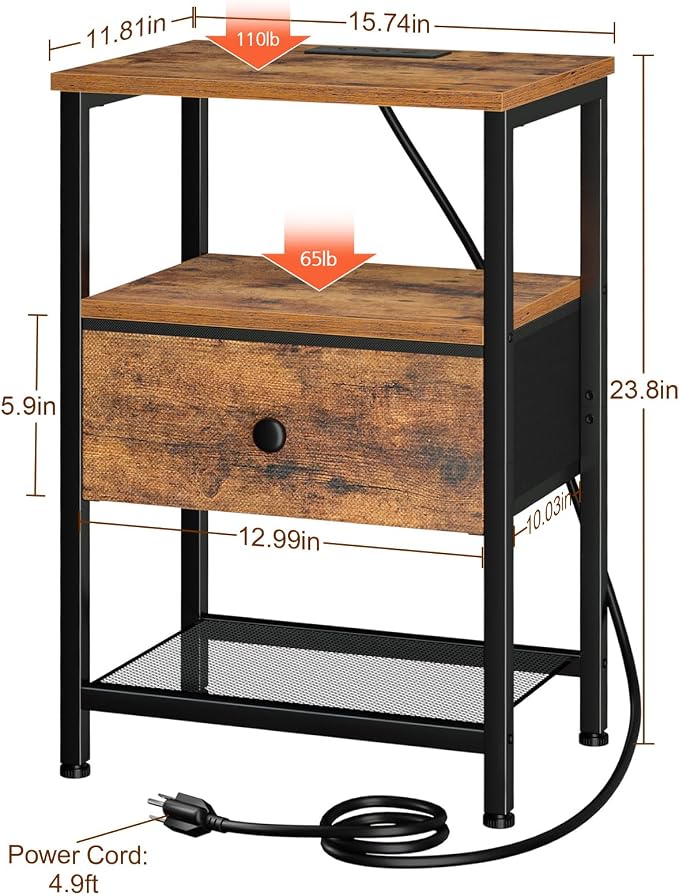 LOAKEKEL Night Stand with Charging Station, Small Bedside Table with Fabric Drawer, Nightstand with USB Ports & Outlets for Bedroom, Brown, HETS010BR-1 - Image 3