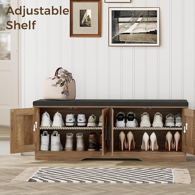 HOMSHO 2-Tier Storage Bench, 47.2" Wide Shoe Bench with Padded Seat Cushion, Entryway Bench with 4 Barn Doors and Adjustable Shelf, Rustic Walnut - Image 4