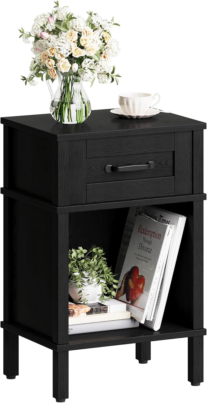 Farmhouse Nightstand with Drawer, Small Wood Side Table, Wooden Bedroom Nightstand, Wood Night Stand, Black Bedside Table with Storage, Black End Table for Living Room LET512B - Image 3