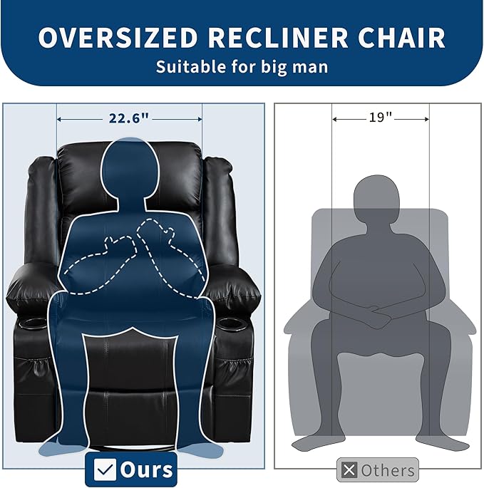 Rocking Recliner Chair for Adults Wide 360° Swivel Rocker Recliner with Cup Holder Nursery Glider with Upholstered Deep Seat PU Leather Comfy Single Sofa for Living Room Black