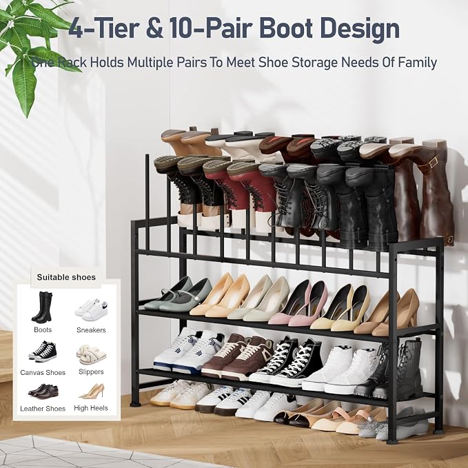 DIMJ Boot Rack 4-Tier - Black Metal Boot Storage Rack for Tall Boots Organizer, Shoe Rack for Boots, Sneakers, High-Heel, Entryway, Fits 10 Pairs - Image 3