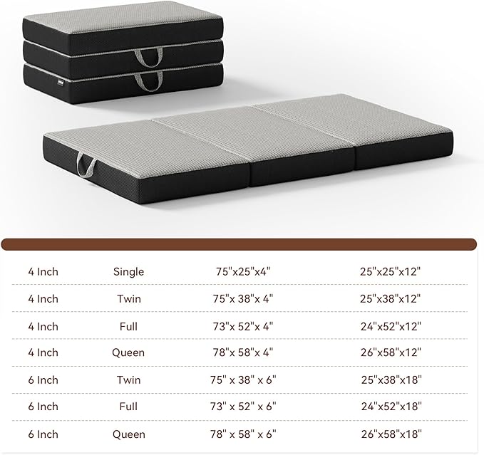 ROXGOX Memory Foam Trifold Mattress, Twin Portable Floor Bed 6 Inch, Foldable Mat with Washable Cover, Handle & Non-Slip Bottom, for RV, Travel, Camping, Yoga, 75"x38"x6", Grey