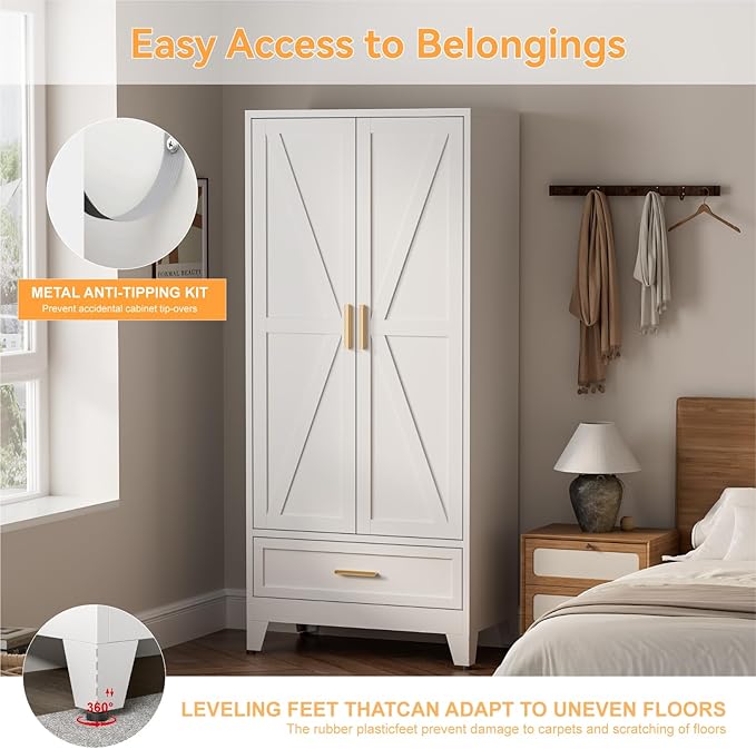COFaR 71 Farmhouse Metal Wardrobe Closet with Hanging Rod, 2 Barn Doors, Adjustable Shelves, Steel Armoire with Drawer for Home, Bedroom White
