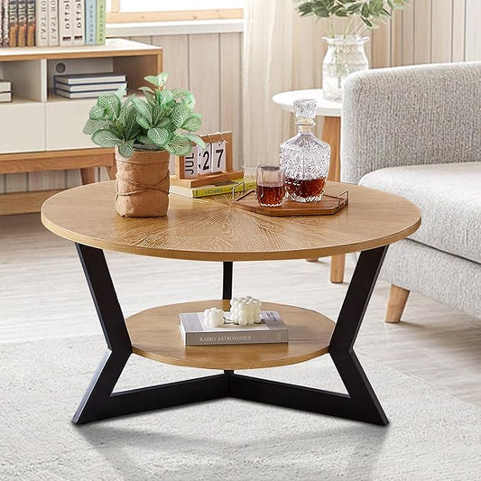 Round Coffee Table, Wood Circle Coffee Table with 2-Tier Storage, Center Table for Living Room Bedroom Office Apartment, Easy Assembly, 35'x 18'Inches, Light Brown