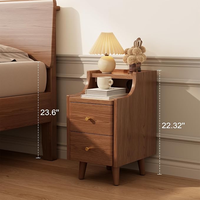 Narrow Nightstand with 2 Drawers,Walnut Nightstand,Bedside Table,Solid Wood Modern Bedside Table for Bedroom,Study,Toilet - Image 6