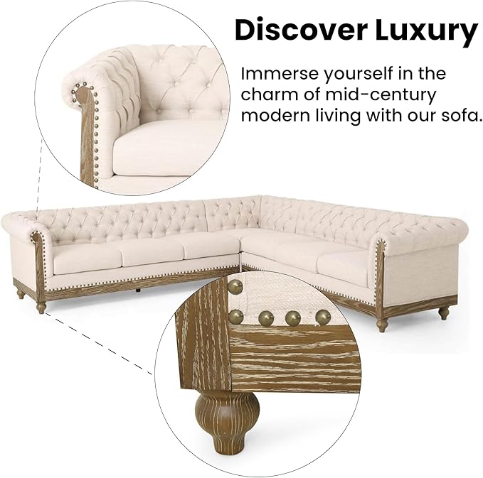 Merax Chesterfield Sofa, Retro Upholstered 6 Seater Rolled Arm Couch for Living Room Bedroom Office, Beige