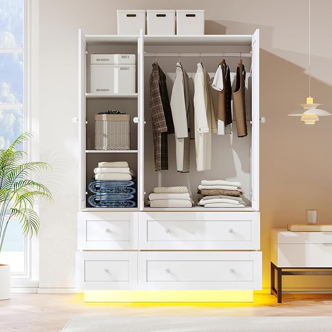 VOWNER Wardrobe Closet with 3 Doors, Bedroom Armoire with Mirror, LED Light, 4 Drawers and Hanging Rod, Large Capacity Storage Closet for Bedroom, White 47" L