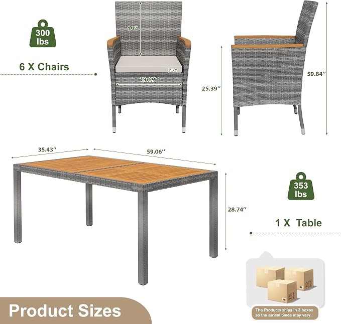 Devoko Dining 7 PCS Furniture, Patio Conversation Set with Acacia Wood Table Top, Outdoor, Beige Cushion and Grey Rattan - Image 7