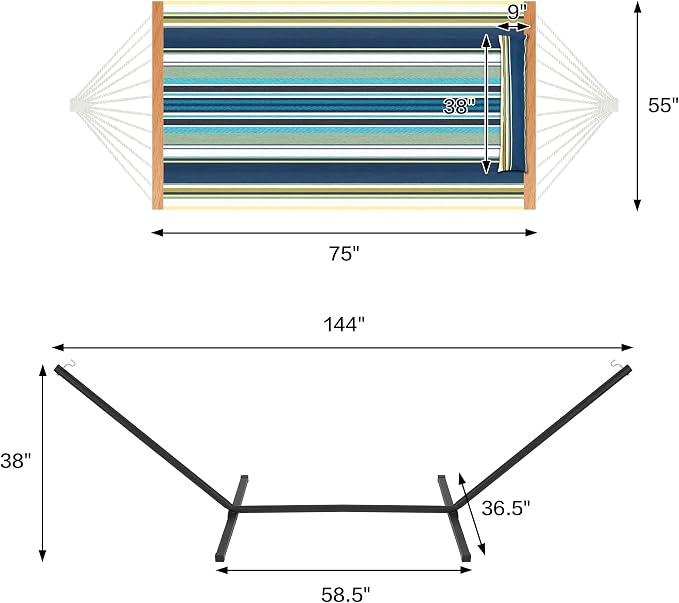 Homgava Two Person Hammock with Stand for Outside Heavy Duty, Outdoor Patio Hammock with Portable Steel Stand, Large Double Hammocks,480lbs Capacity.(Grey Stripes) - Image 4