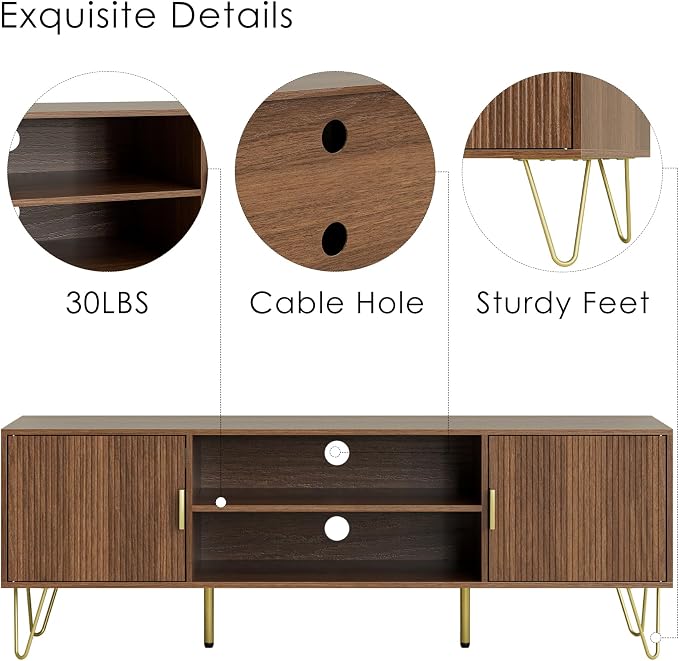 TV Stand for 55-65 Inch TV, Entertainment Center with Soft Hinge Door,TV Console Table with 2 Cabinets with Gold Handle and Feet,for Living Room, Bedroom, Walnut - Image 3