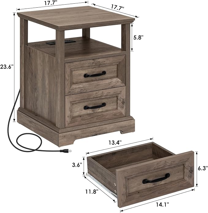 HOMMPA 18'' Farmhouse Nightstand with Charging Station, Bedside Tables with Open Shelf, 2 Drawers End Table Dresser Side Table, Wood Night Stand for Bedroom, Rustic Greige - Image 2