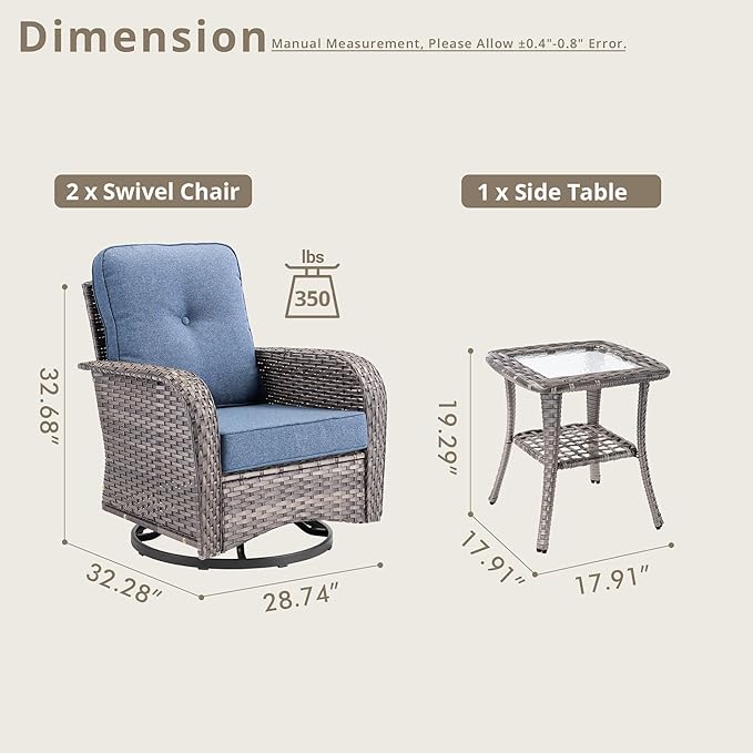 Weaxty Outdoor Swivel Rocker Patio Chairs, 3 Pieces Patio Furniture Set with Rocking Chair and Wicker Side Table, Outdoor Furniture Conversation Set for Porch, Deck, Yard, Balcony, Denim Blue