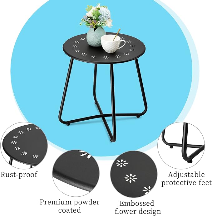 danpinera Outdoor Side Tables with Flower Cut Outs, Weather Resistant Steel Patio Side Table, Small Round Outdoor End Table Metal Side Table for Patio Yard Balcony Garden Black - Image 6