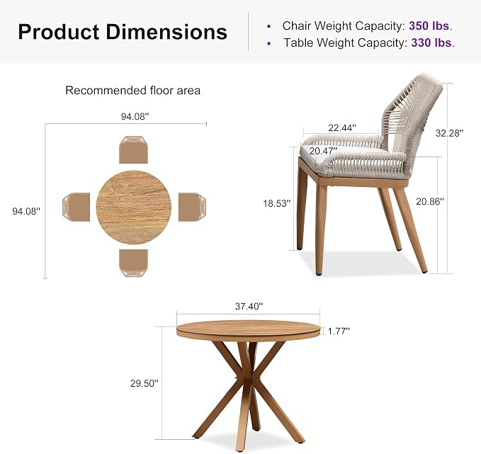 PURPLE LEAF 5 Pieces Round Dining Set Patio Aluminum Modern Round Table and Wicker Chairs with Cushions for Kitchen Porch Garden Outdoor Furniture Sets, Teak - Image 9