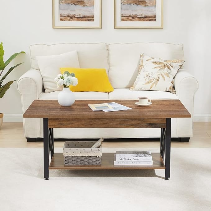 GreenForest Coffee Table with Storage, 39 inch Modern 2-Tier Coffee Tables for Living Room, X-Frame Design Farmhouse Coffee Table Space Saving Living Room Tables, Easy Assembly, Walnut