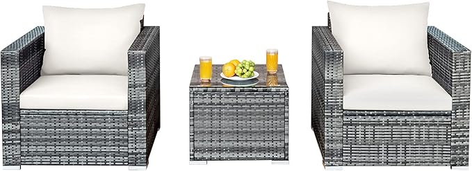 Tangkula 3 Pieces Patio Furniture Set, PE Rattan Wicker Sofa Set w/Washable Cushion and Tempered Glass Tabletop, Outdoor Conversation Furniture for Garden Poolside Balcony