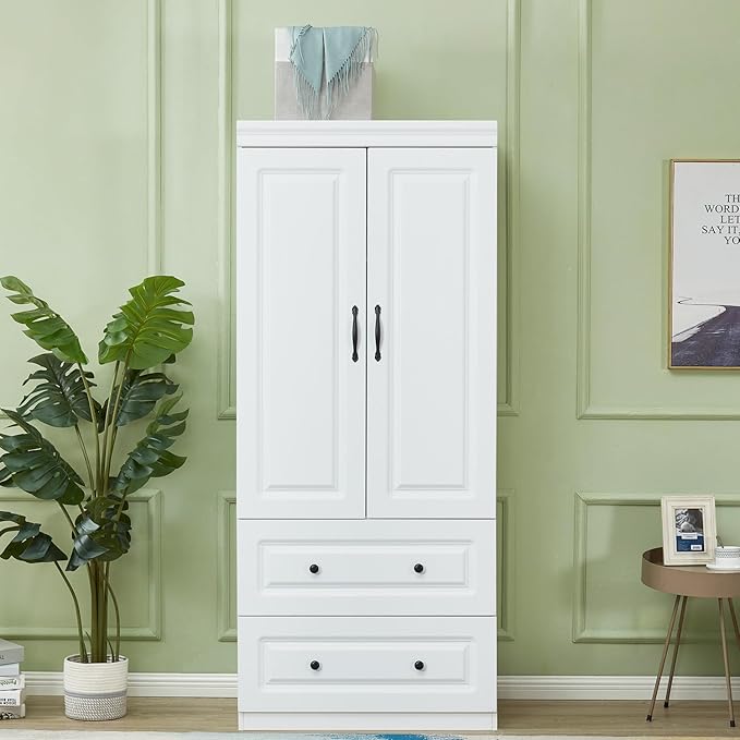GraceGrove Armoire Wardrobe Closet with 2 Doors and 2 Drawers Tall Cabinet Closet for Large Capacity White Closet Wardrobe Cabinet with Hanging Rail for Bedroom