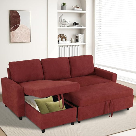 Rovibek 83" Convertible Sofa Bed Couch with Storage - 4 in 1 L Shaped Sofa with Pull Out Couch Bed for Living Room, Apartment, Office, Small Spaces, Red