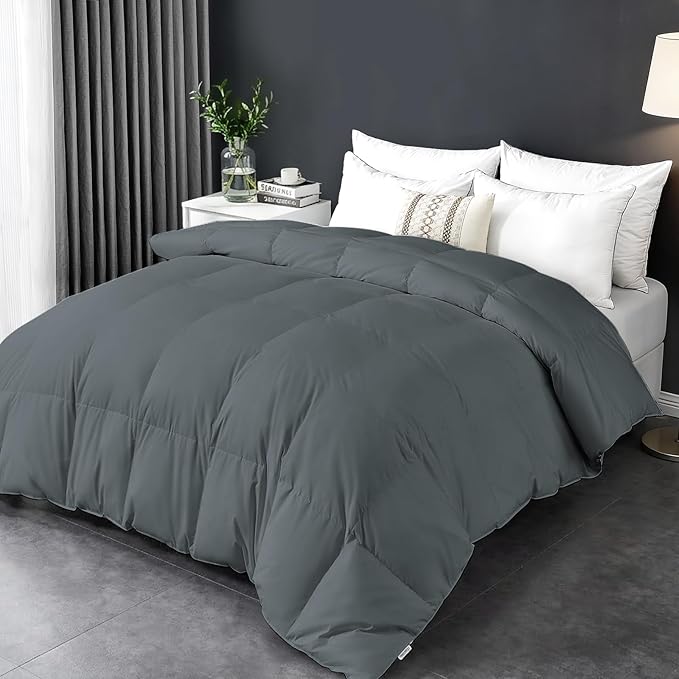 Goose Feather Comforter Twin Size, 100% Cotton Duvet Insert All Season, Bed Comforter Quilted with 8 Corner Tabs Hotel Luxury Fluffy Duvet Insert, 68 x 90 Inch, Machine Washable, Grey