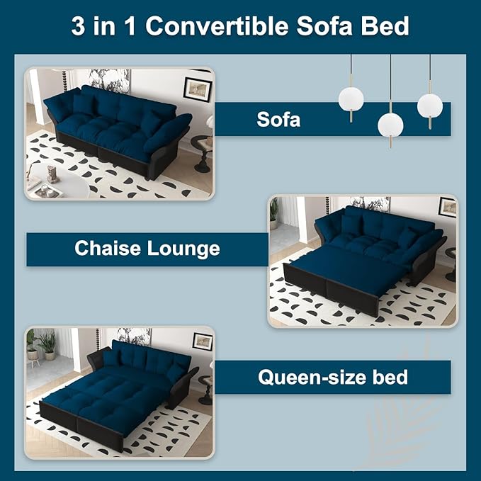 Eafurn 3-in-1 Convertible Sofa Bed Queen Size Pull Out Sleeper Sofa with Skin-Friendly Velvet Fabric, Multi-Functional Loveseat with Pillow Armrest for Guest Room & Living Room