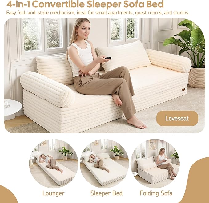 MeMoreCool Convertible Sofa Bed, Folding Floor Couch Bed Queen, Pull Out Sleeper Couch with Pillows, Fold Out Futon Sofa for Bedroom Living Room Small Space, Soft Corduroy