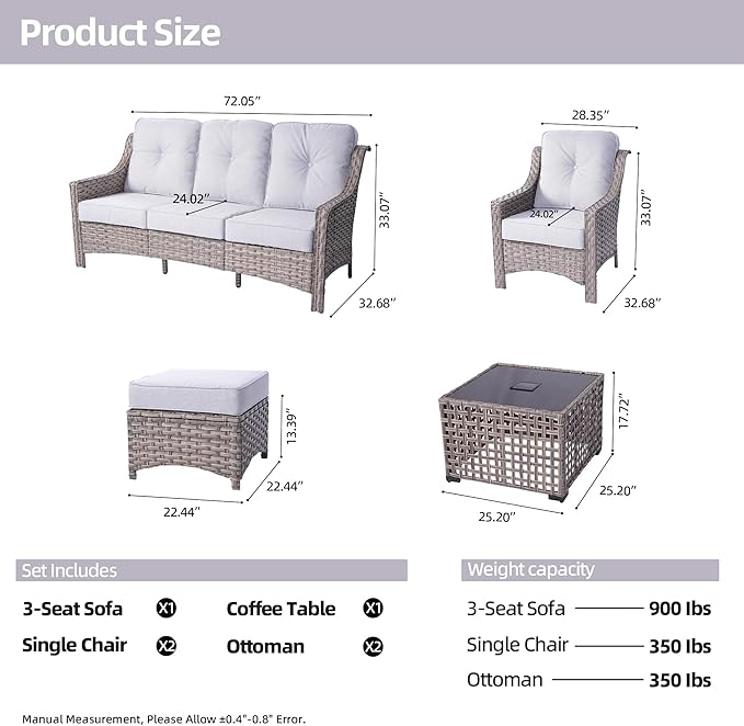 HOOOWOOO 6 Piece Patio Furniture Conversation Sets with Sola Light Table,Outdoor Wicker Furniture with Ottoman, All Weather Resistant Outside High Back Rattan Patio Set(Light Grey Gray)