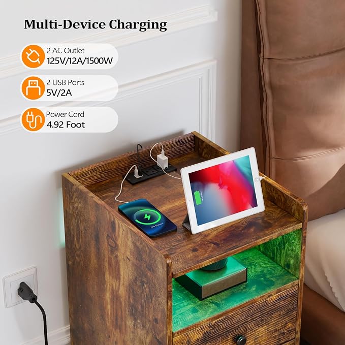 VINGLI Nightstand with Charging Station, LED Nightstand with Drawer, Wood Nightstands, Night Stand with Metal Leg, Side Table, End Table, Bedside Table for Bedroom,Rustic Brown(1 Pack) - Image 4