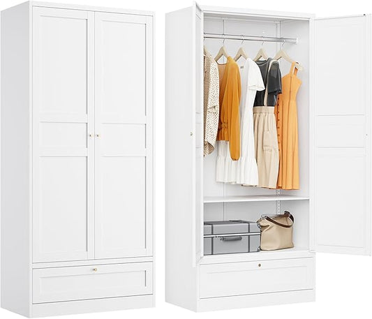 Metal Wardrobe Cabinet with Drawer and Hanging Rod,Armoire Wardrobe Closet with doors,White Metal Clothing Storage Cabinet with Adjustable Shelves,Armoire Storage Cabinets for Home,Bedroom Armoires