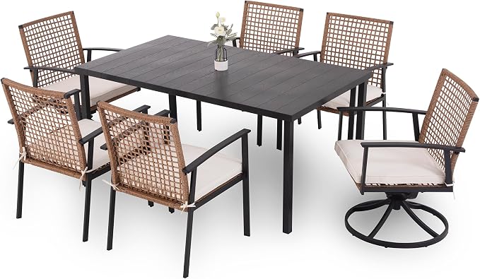 LAUSAINT HOME 7 Pieces Patio Dining Set, Outdoor Furniture Set of 6 Wicker Chairs (2 of Them Swivel) with Soft Cushion and Iron Slats Table Top with Umbrella Hole, Conversation Set for Backyard - Image 4