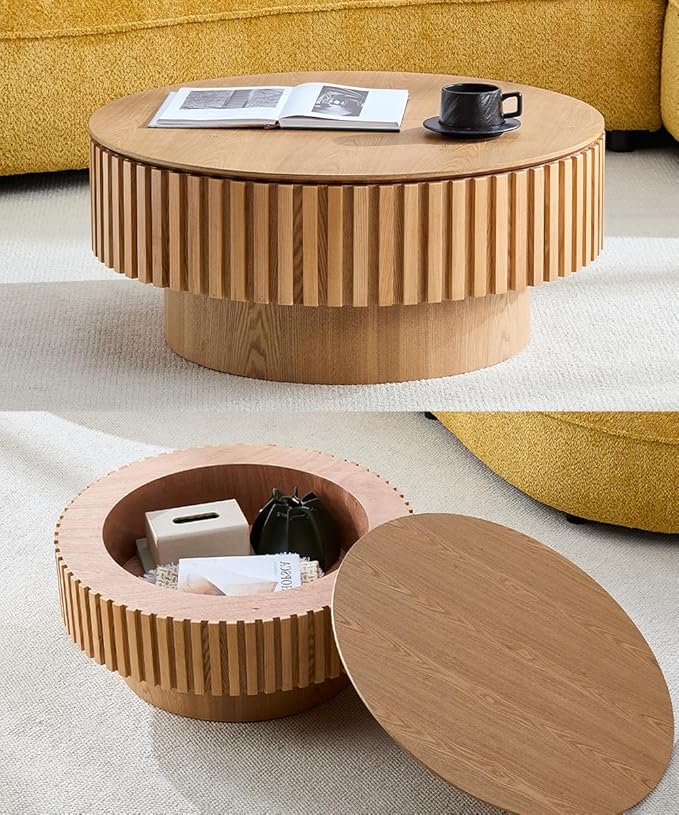 WILLIAMSPACE 31.49" Round Coffee Table with Storage for Living Room, Modern Circle Center Table with Solid Wood Veneered & Sturdy Pedestal, Accent End Tea Table for Apartment - Oak