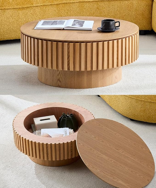 WILLIAMSPACE 31.49" Round Coffee Table with Storage for Living Room, Modern Circle Center Table with Solid Wood Veneered & Sturdy Pedestal, Accent End Tea Table for Apartment - Oak